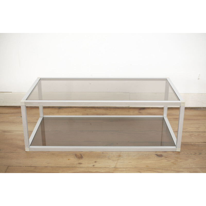 Vintage coffee table in aluminum and smoked glass, France 1980