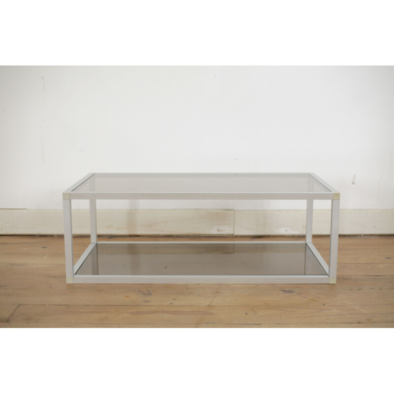 Vintage coffee table in aluminum and smoked glass, France 1980