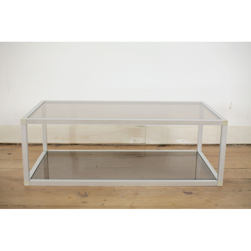 Vintage coffee table in aluminum and smoked glass, France 1980