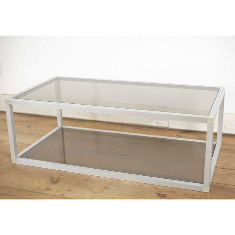 Vintage coffee table in aluminum and smoked glass, France 1980