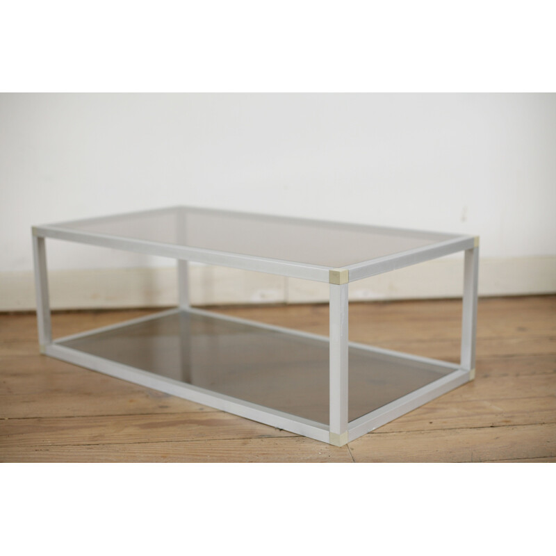 Vintage coffee table in aluminum and smoked glass, France 1980