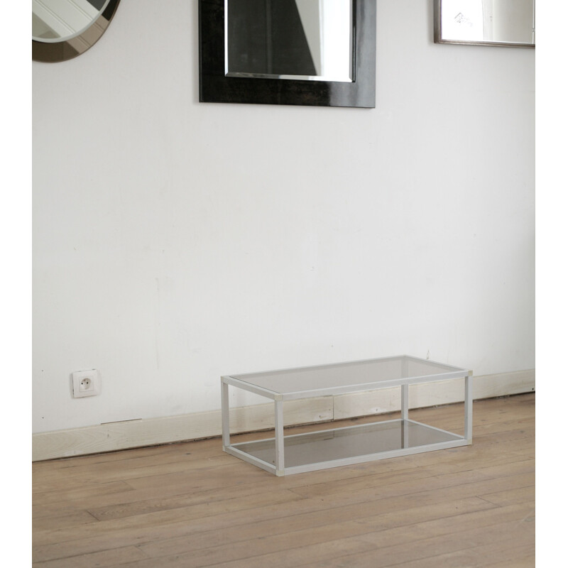 Vintage coffee table in aluminum and smoked glass, France 1980