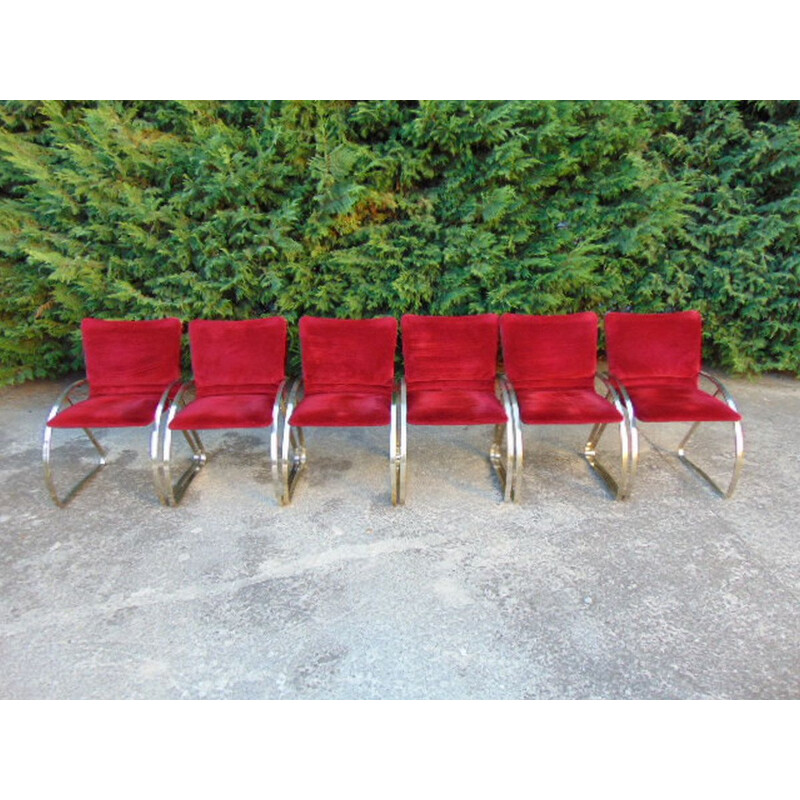 Set of  6 Vintage armchair in polished steel and cardinal velvet cardinal 1960s