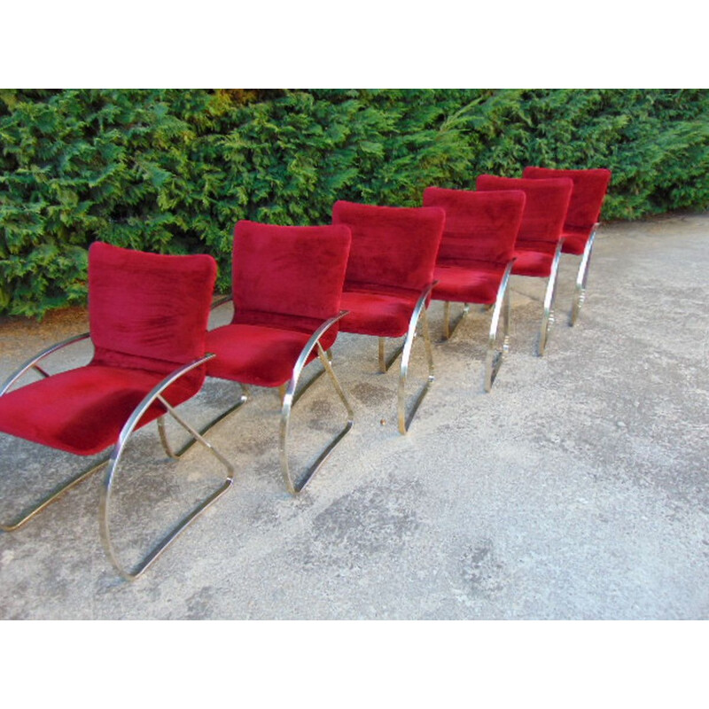 Set of  6 Vintage armchair in polished steel and cardinal velvet cardinal 1960s