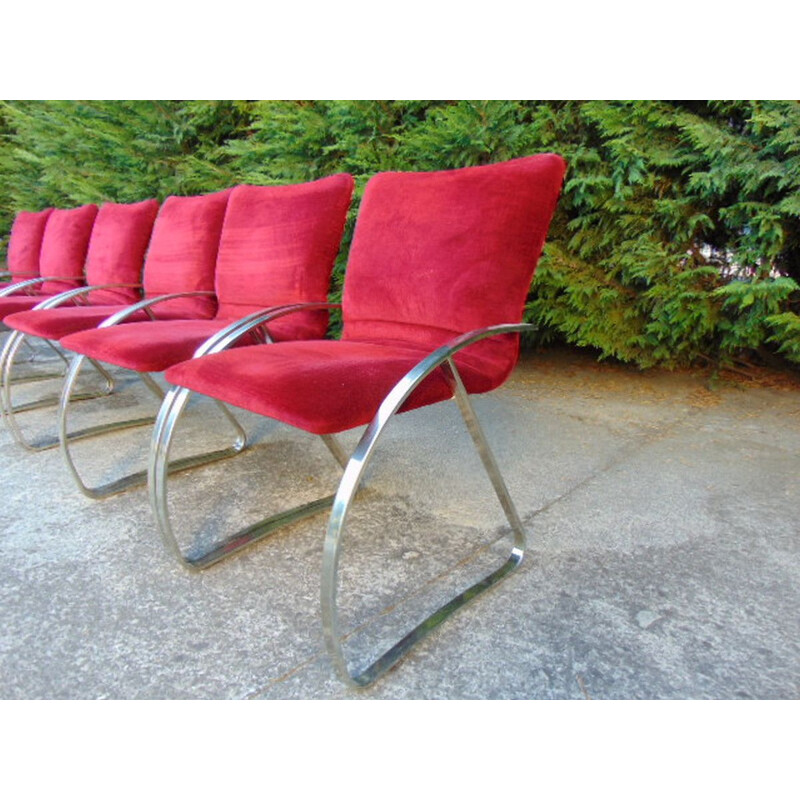 Set of  6 Vintage armchair in polished steel and cardinal velvet cardinal 1960s