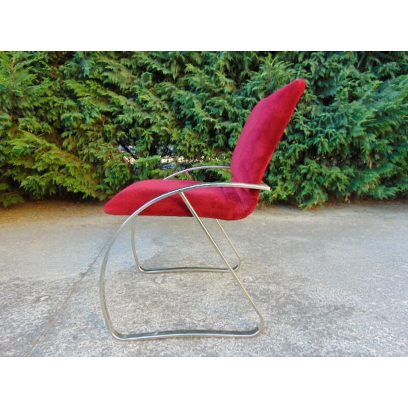 Set of  6 Vintage armchair in polished steel and cardinal velvet cardinal 1960s