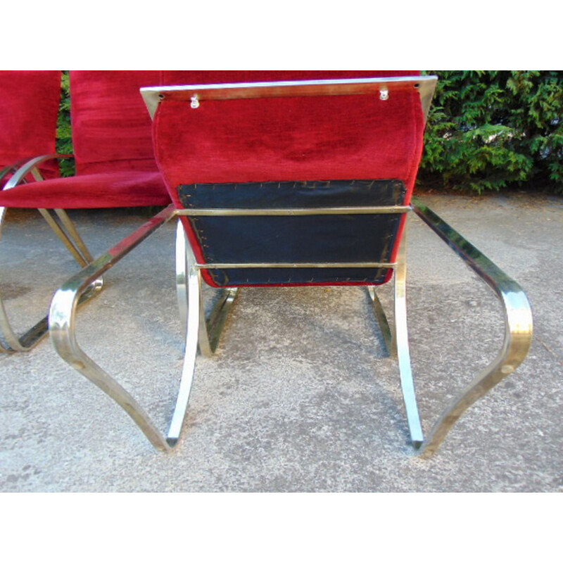 Set of  6 Vintage armchair in polished steel and cardinal velvet cardinal 1960s