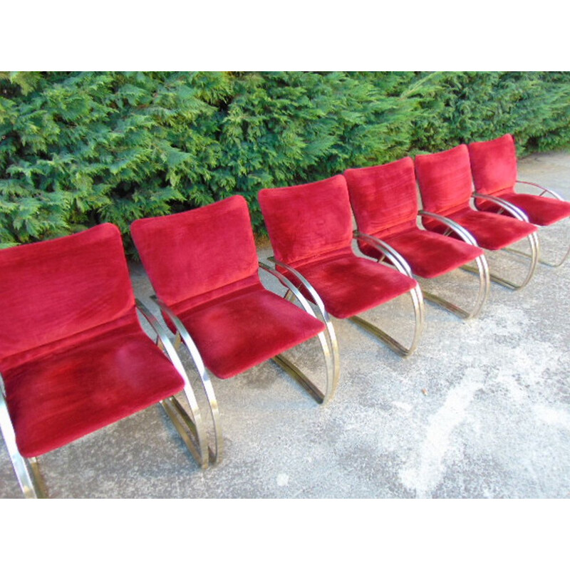 Set von 6 Vintage Sessel in poliertem Stahl und Samt Kardinal 1960