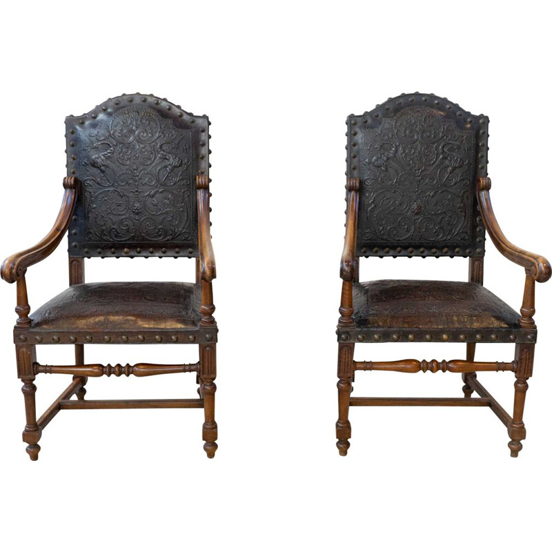 Pair of vintage walnut and leather armchairs, 19th century