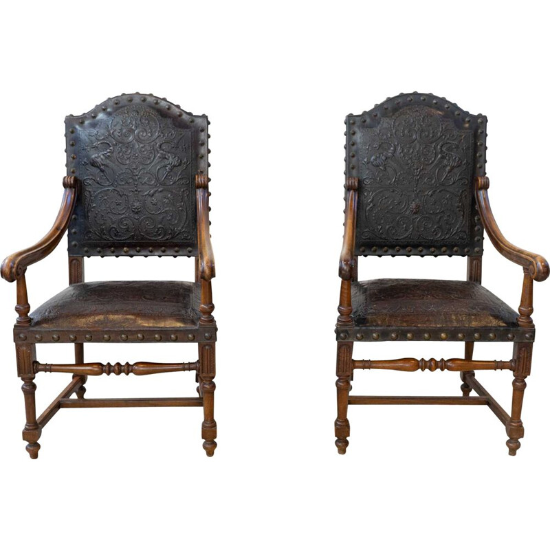 Pareja de sillones antiguos de nogal y cuero, S. XIX
