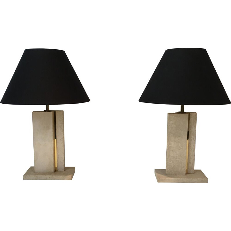 Pair of Vintage Lamps in Travertine and Brass 1970