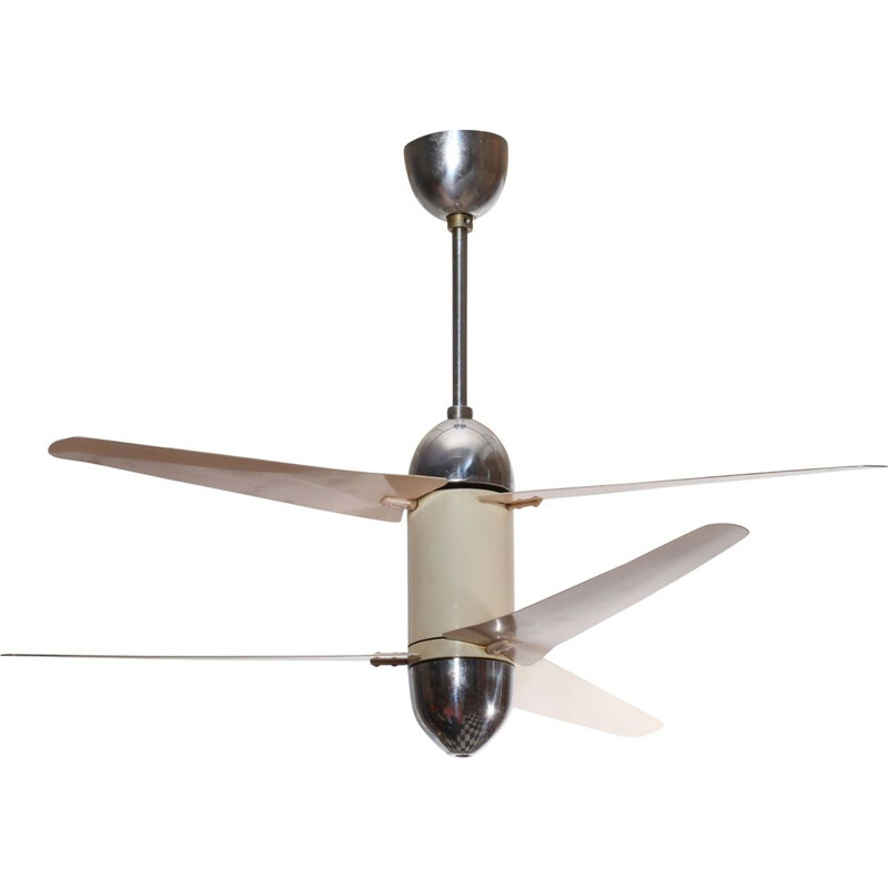 Ventilatore da soffitto d'epoca a 6 ali, beige e cromo, 1950