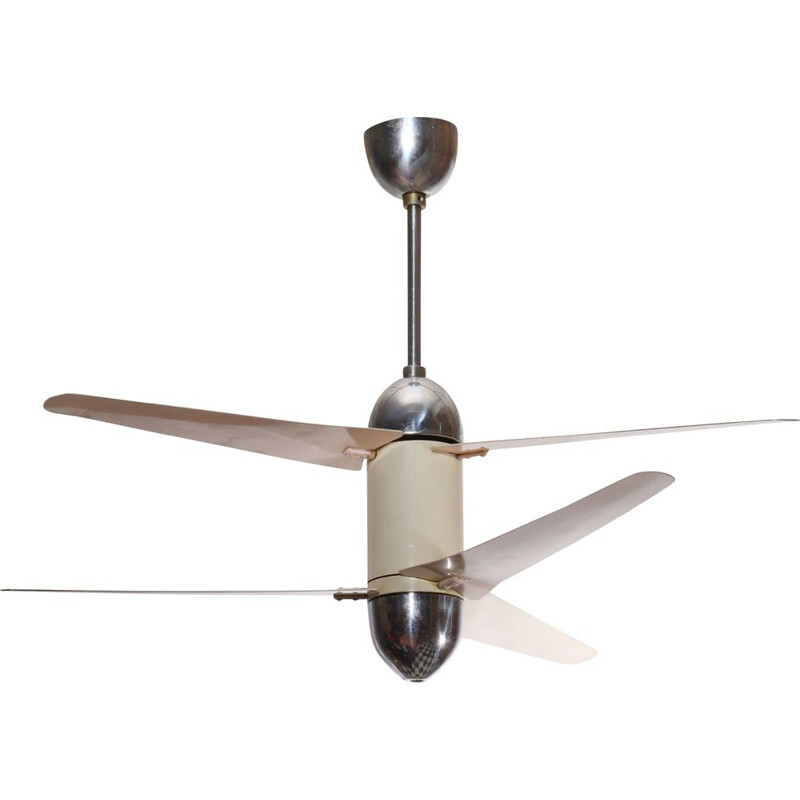 Vintage beige and chrome 6 wing ceiling fan, 1950