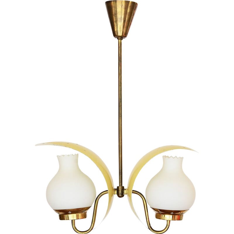 Vintage double pendant brass chandelier with opal glass shade by Bent Karlby for Lyfa, Denmark 1950