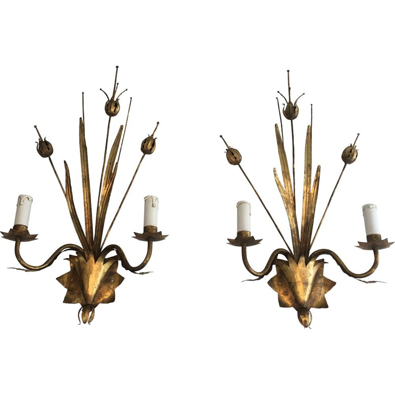 Pair of Golden Metal Vintage Sconces with Wheat Spurs 1970