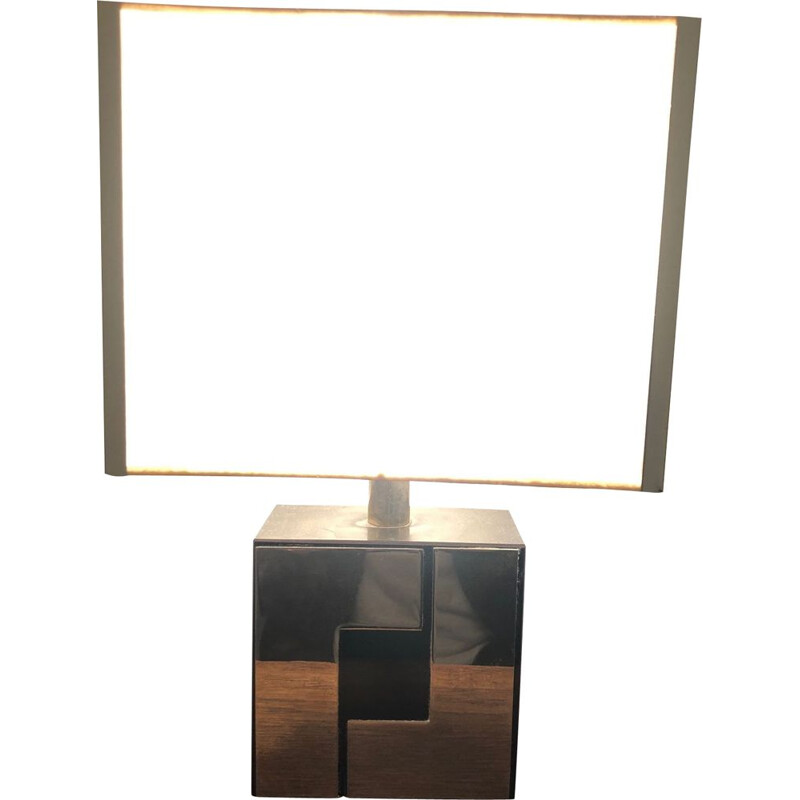 Lampe cubique vintage base en mélaminé et application de chrome 1970