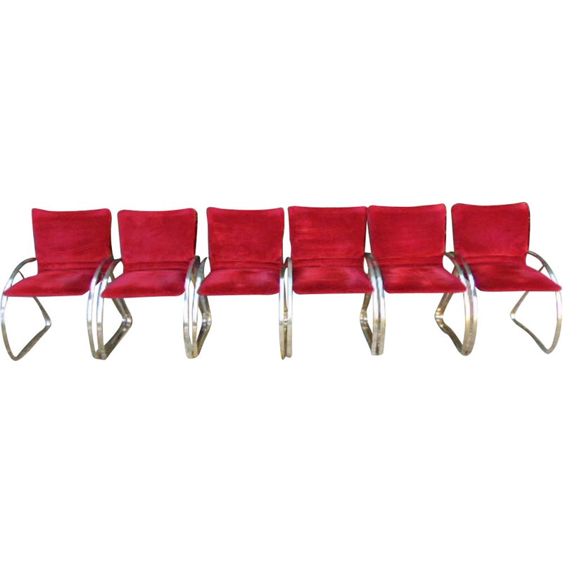 Set of  6 Vintage armchair in polished steel and cardinal velvet cardinal 1960s