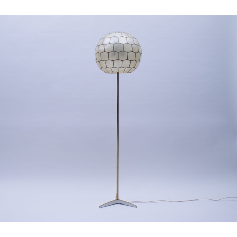 Vintage brass and mother of pearl tripod floor lamp, 1950