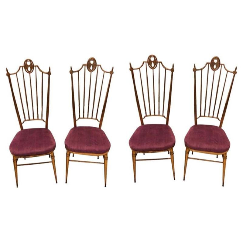 Ensemble de 4 chaises vintage en laiton et velours violet, Italie 1960