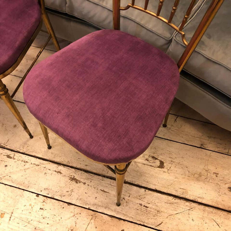 Set of 4 vintage Brass and Purple Velvet Chairs, Italy 1960