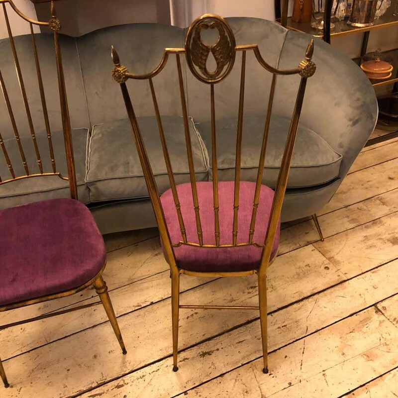 Set of 4 vintage Brass and Purple Velvet Chairs, Italy 1960