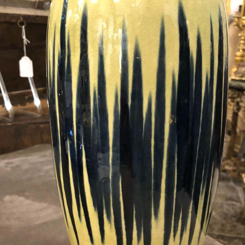 Vase vintage en céramique jaune et bleu allemand 1970