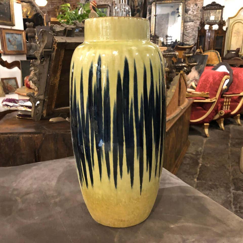 Vase vintage en céramique jaune et bleu allemand 1970