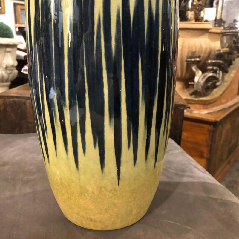 Vase vintage en céramique jaune et bleu allemand 1970