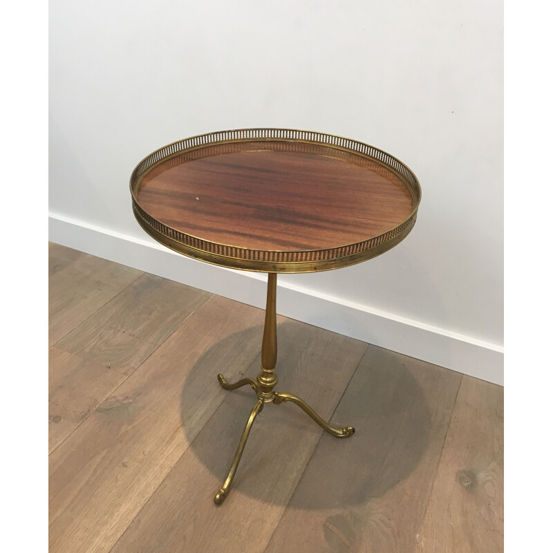 Vintage Round Pedestal Table in Brass with Mahogany Top Neoclassical 1940's