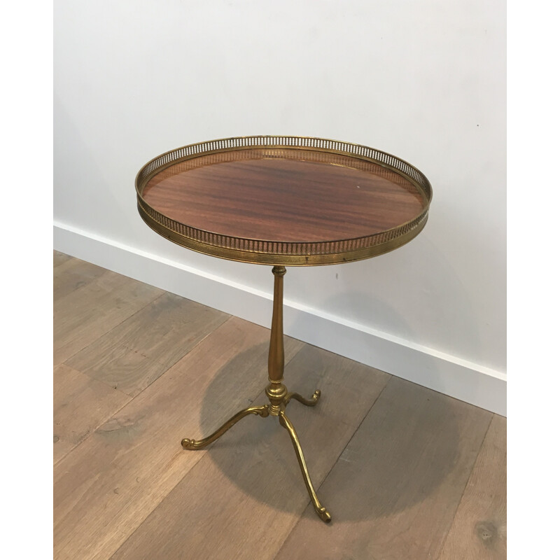 Vintage Round Pedestal Table in Brass with Mahogany Top Neoclassical 1940's