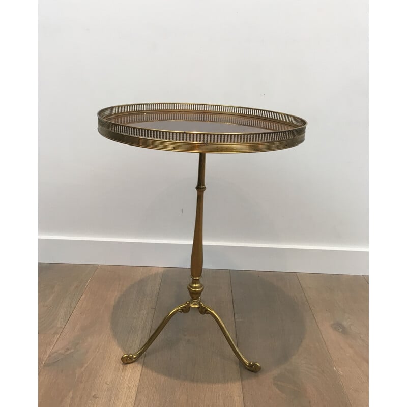 Vintage Round Pedestal Table in Brass with Mahogany Top Neoclassical 1940's