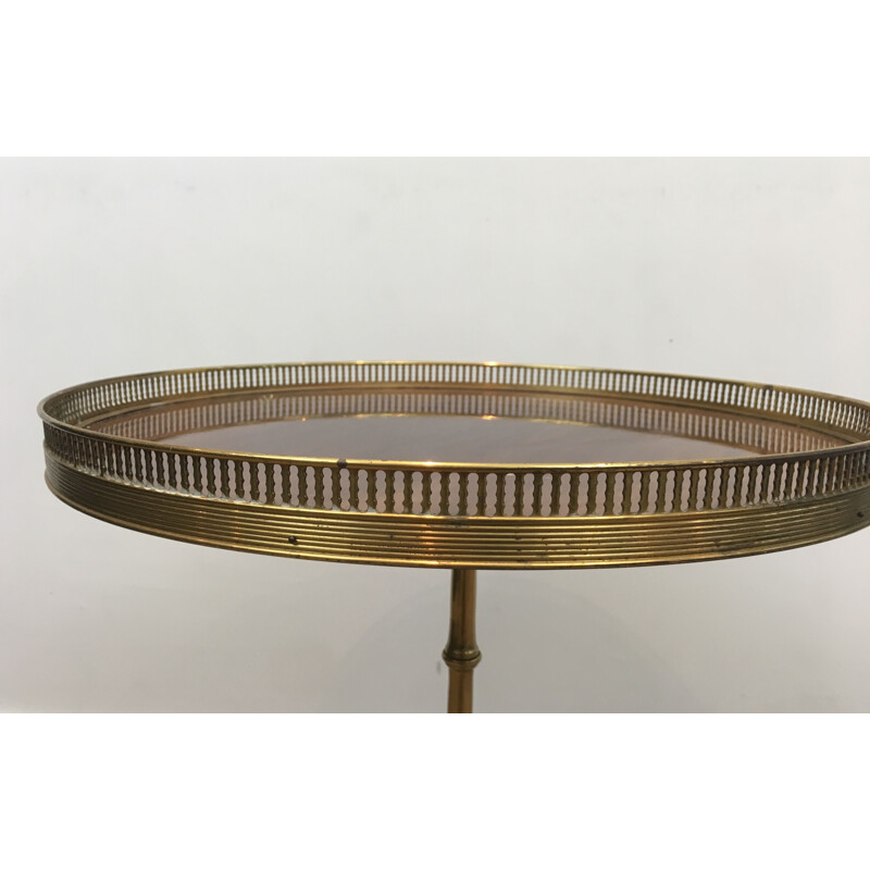 Vintage Round Pedestal Table in Brass with Mahogany Top Neoclassical 1940's