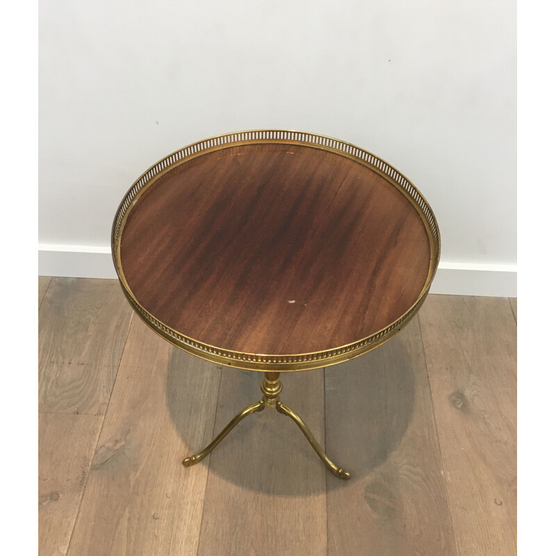 Vintage Round Pedestal Table in Brass with Mahogany Top Neoclassical 1940's
