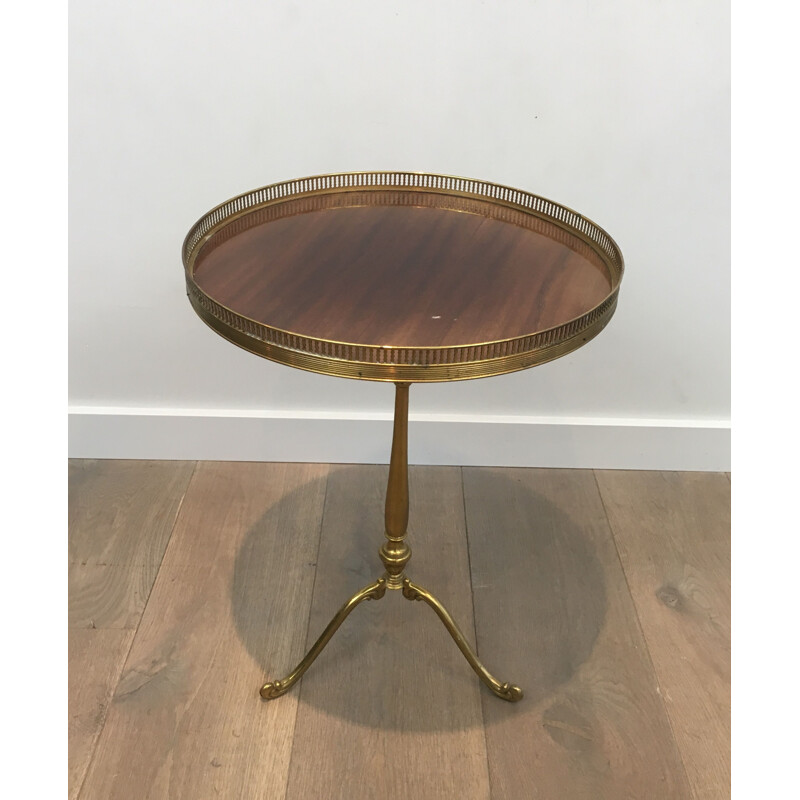 Vintage Round Pedestal Table in Brass with Mahogany Top Neoclassical 1940's