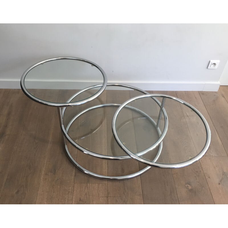 Vintage Round Removable Coffee Table in Chrome and Glass Tops, 1970