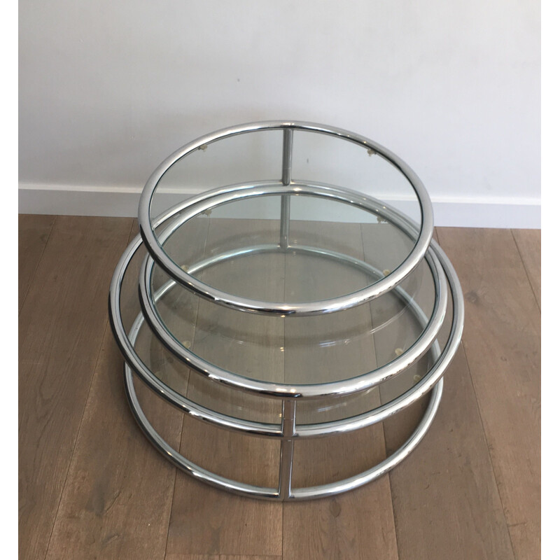 Vintage Round Removable Coffee Table in Chrome and Glass Tops, 1970