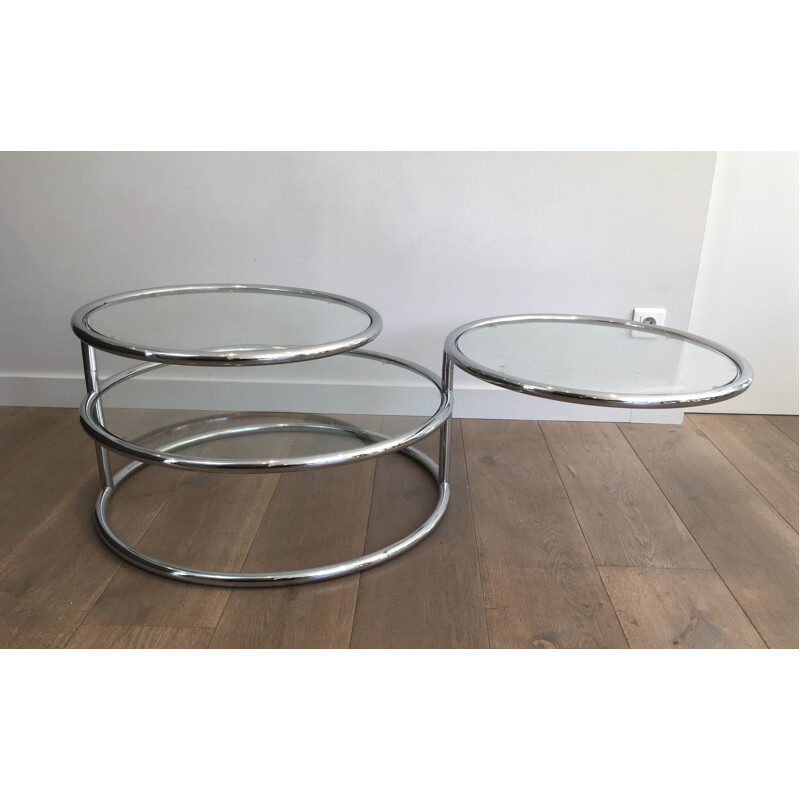 Vintage Round Removable Coffee Table in Chrome and Glass Tops, 1970