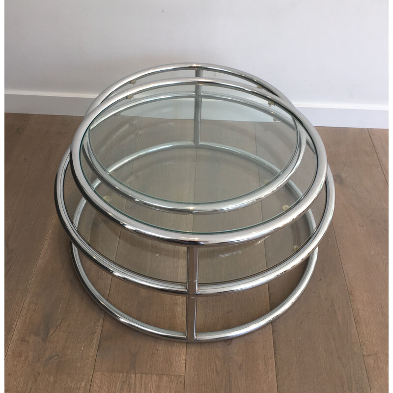 Vintage Round Removable Coffee Table in Chrome and Glass Tops, 1970