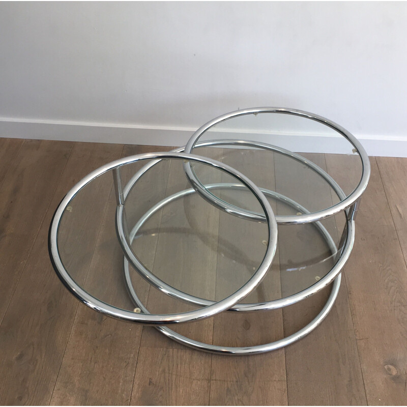 Vintage Round Removable Coffee Table in Chrome and Glass Tops, 1970