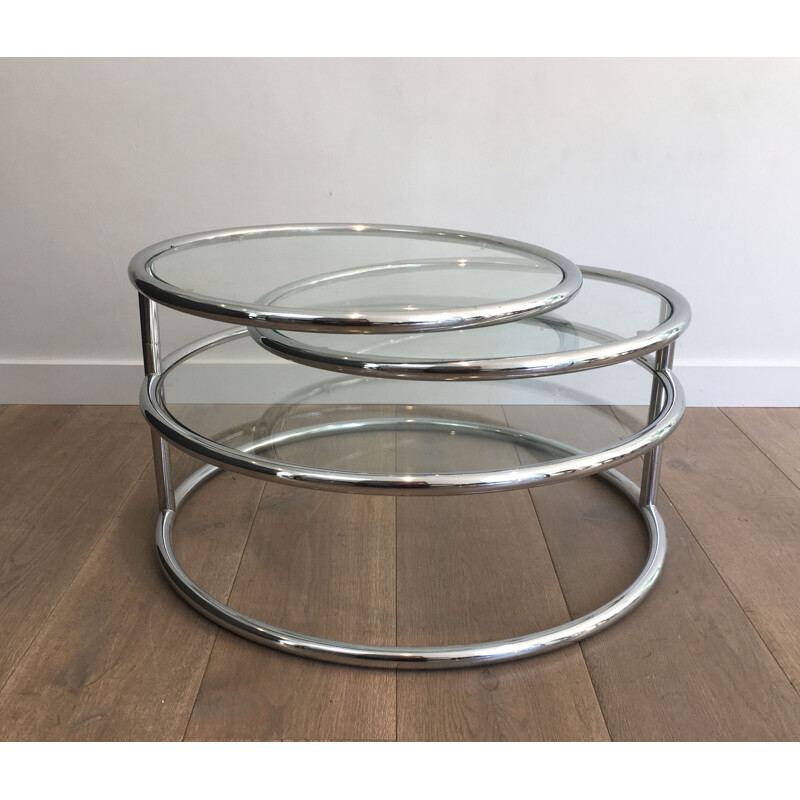 Table Basse vintage Ronde Amovible en Chrome et Plateaux de Verre, 1970