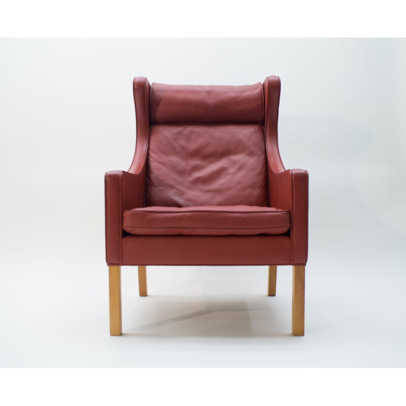 Vintage Leather & Oak Wingback Chair Mod. 2204 by Børge Mogensen for Fredericia, 1980s