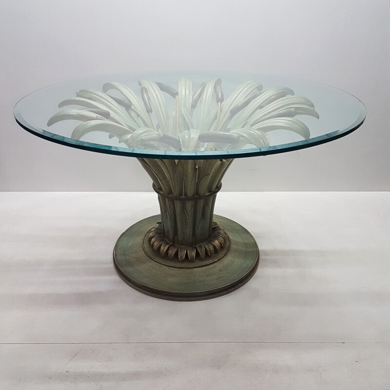 Vintage handmade wooden cattail dining table with glass top, Italian 1990s