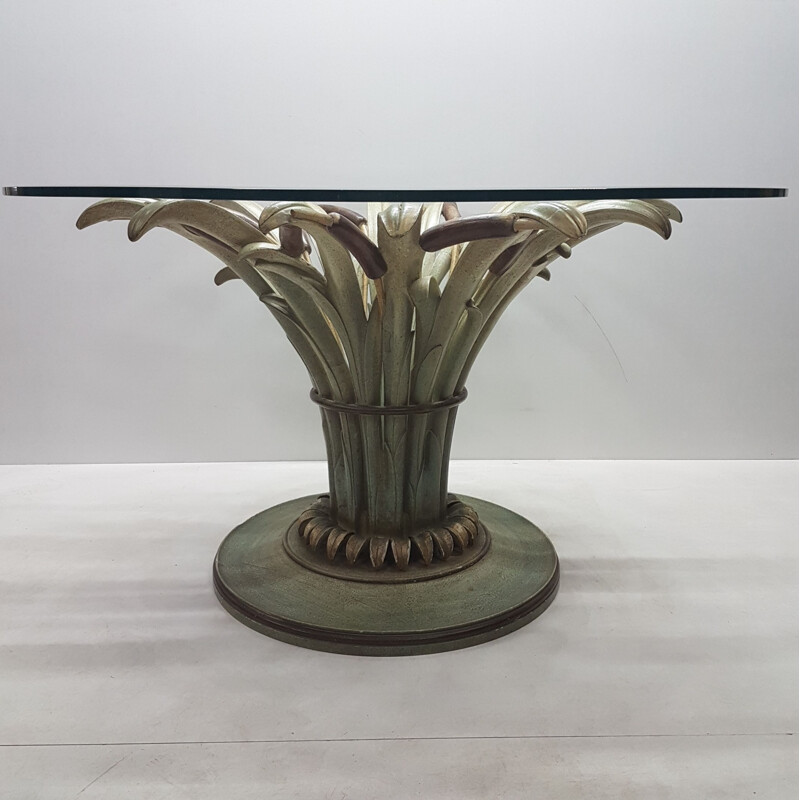 Vintage handmade wooden cattail dining table with glass top, Italian 1990s