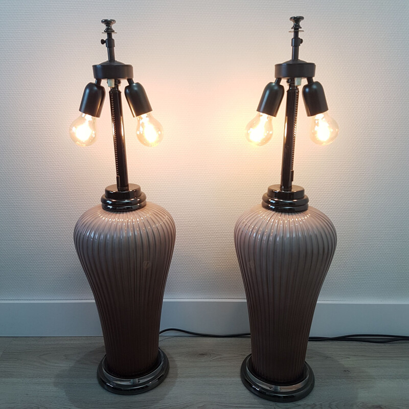 Pair large vintage old rose porcelain, chrome & titanium table lamps by Giulia Mangani, 1990s