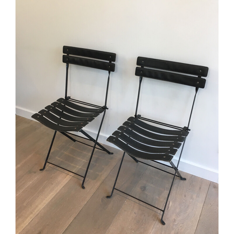 Pair of vintage Black Leather and Metal 1950's Chairs