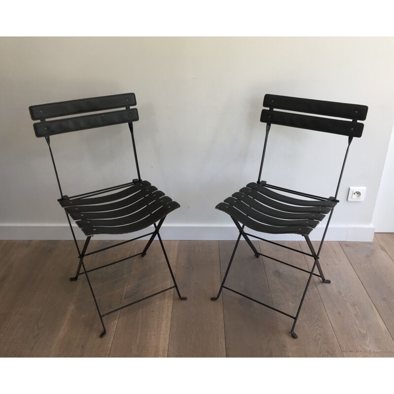 Pair of vintage Black Leather and Metal 1950's Chairs