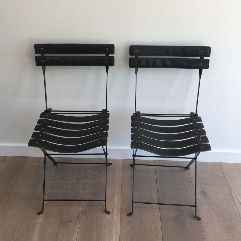 Pair of vintage Black Leather and Metal 1950's Chairs