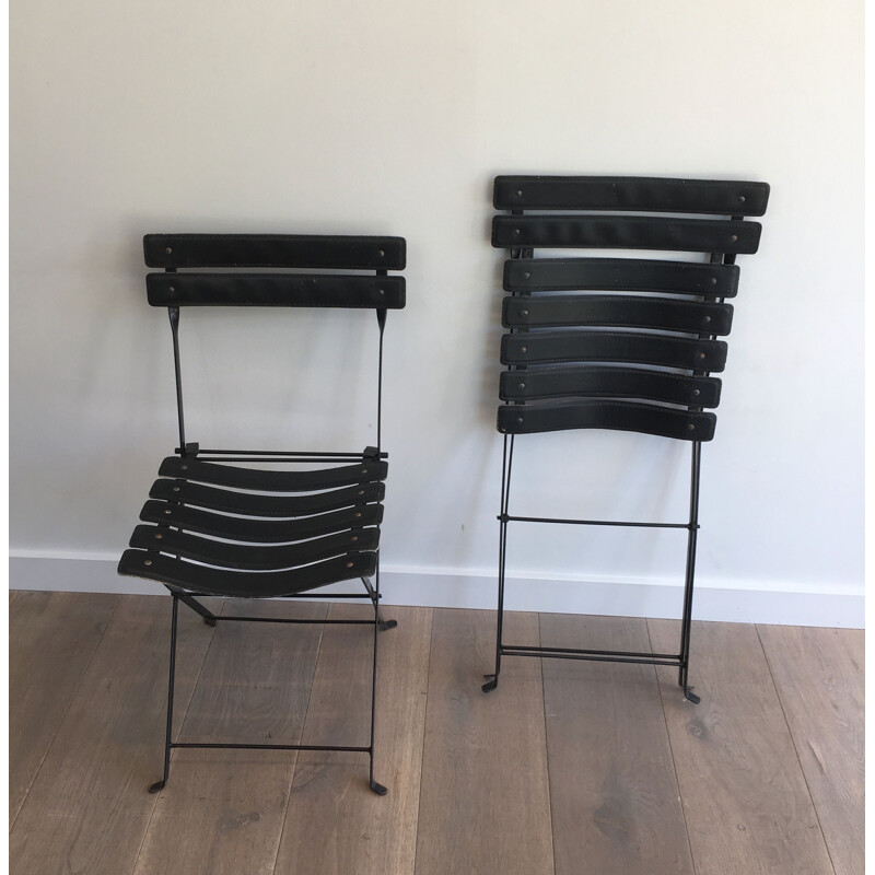 Paar Vintage zwart leer en metalen stoelen 1950