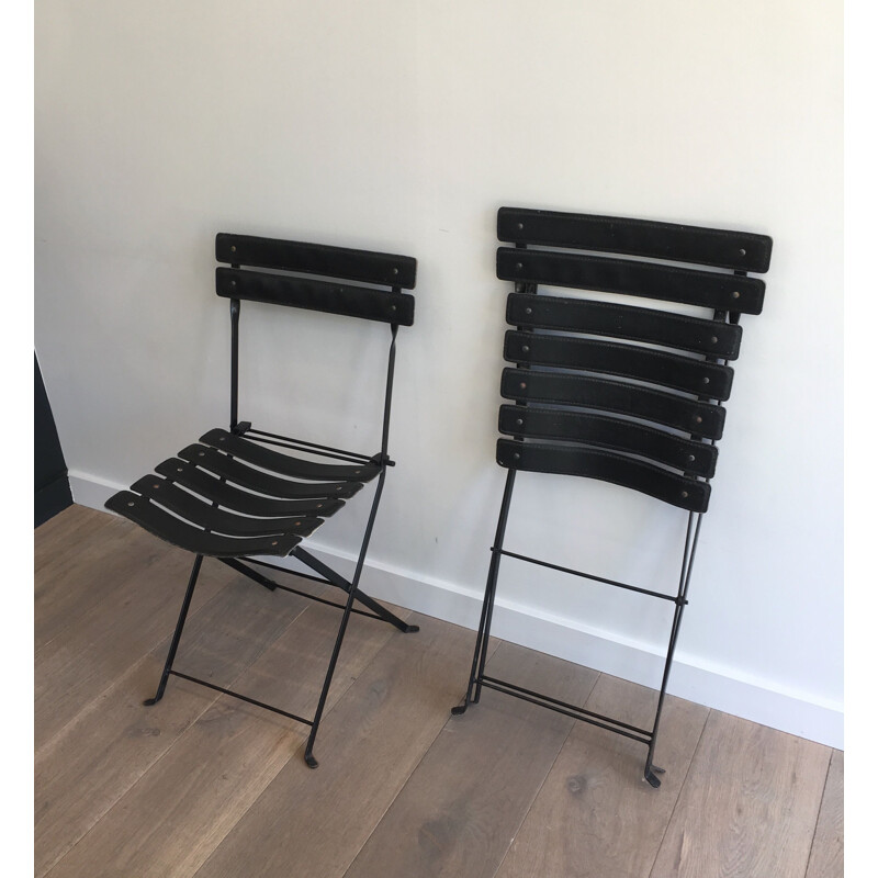 Pair of vintage Black Leather and Metal 1950's Chairs