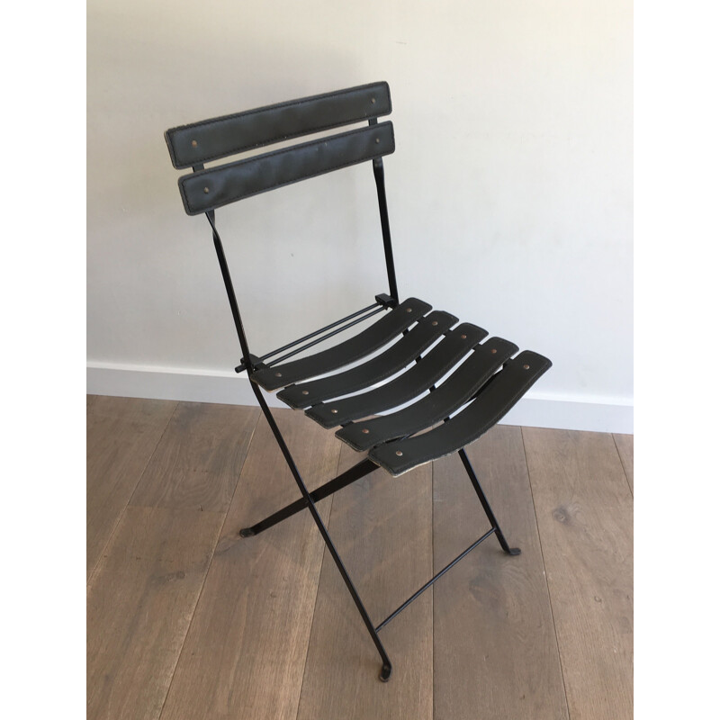 Pair of vintage Black Leather and Metal 1950's Chairs